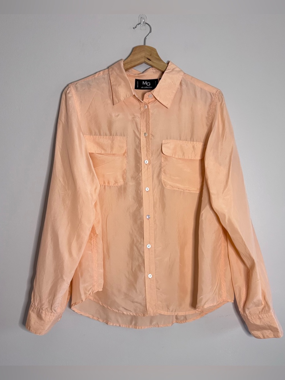 MG Silk Collection light peach-colored, long-sleeved silk button-down blouse